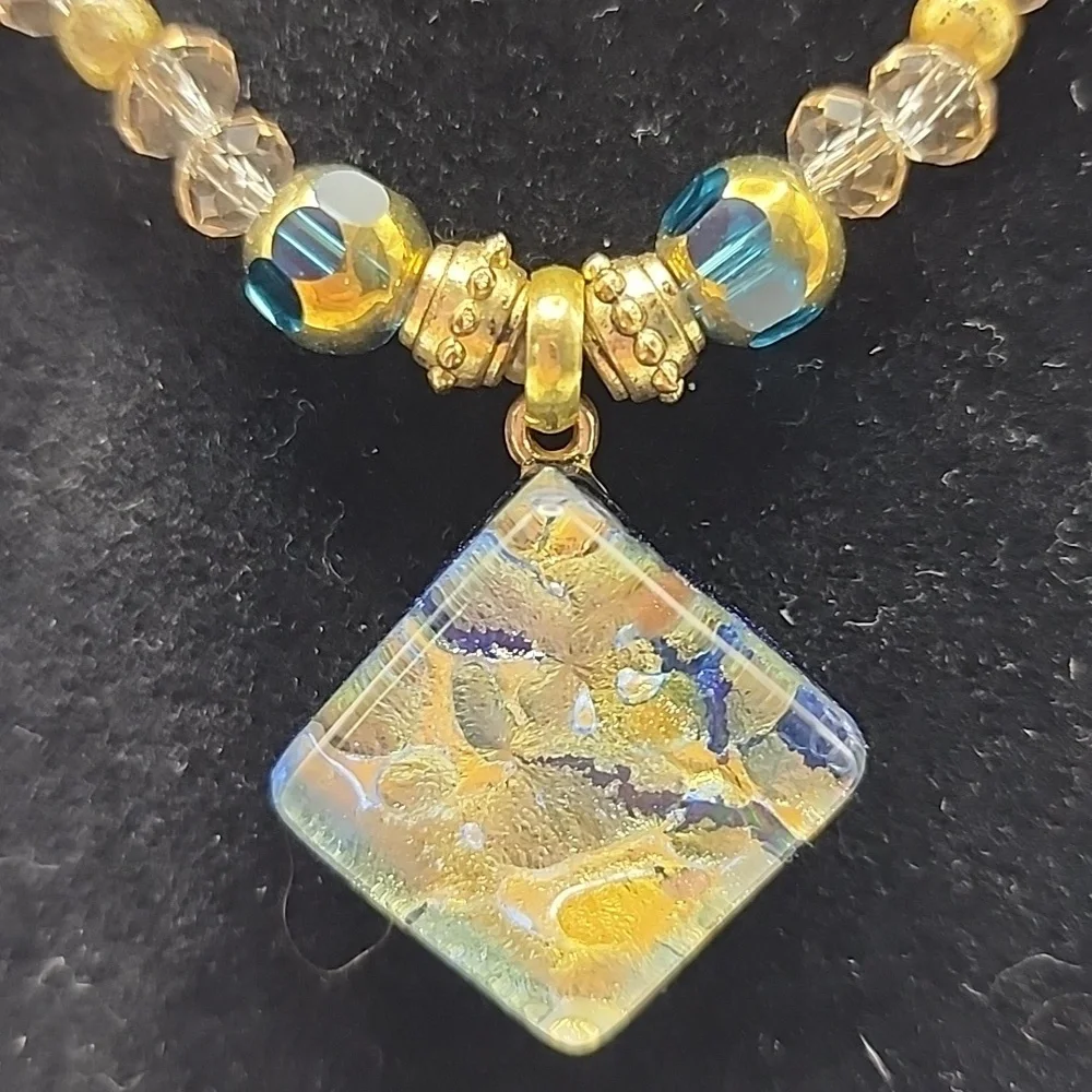 Elegant Gold and Blue Beaded Necklace‎ - Murano Glass